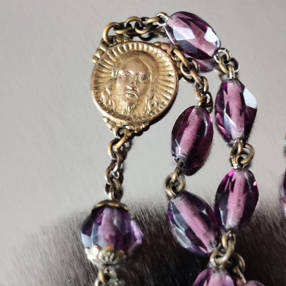 Antique 1909 Brass and Amethyst Glass Rosary - Picture 11 of 13